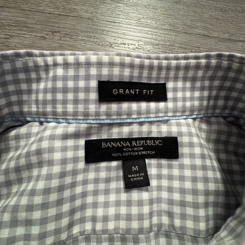 Banana Republic Shirt Mens M Gray Gingham Cotton Stretch Non-Iron Grant Fit LS
